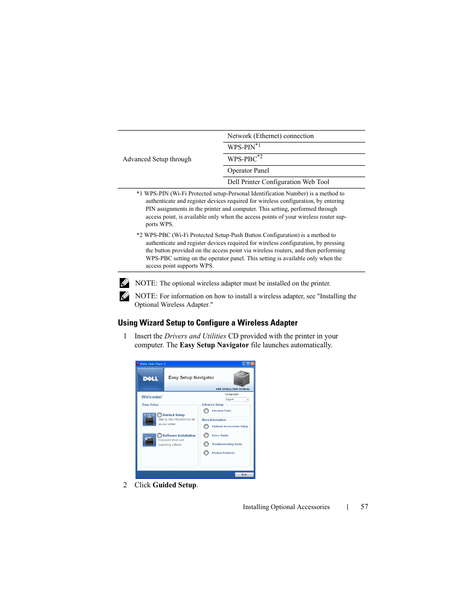 Using wizard setup to configure a wireless adapter | Dell 2150cn/cdn Color Laser Printer User Manual | Page 59 / 495