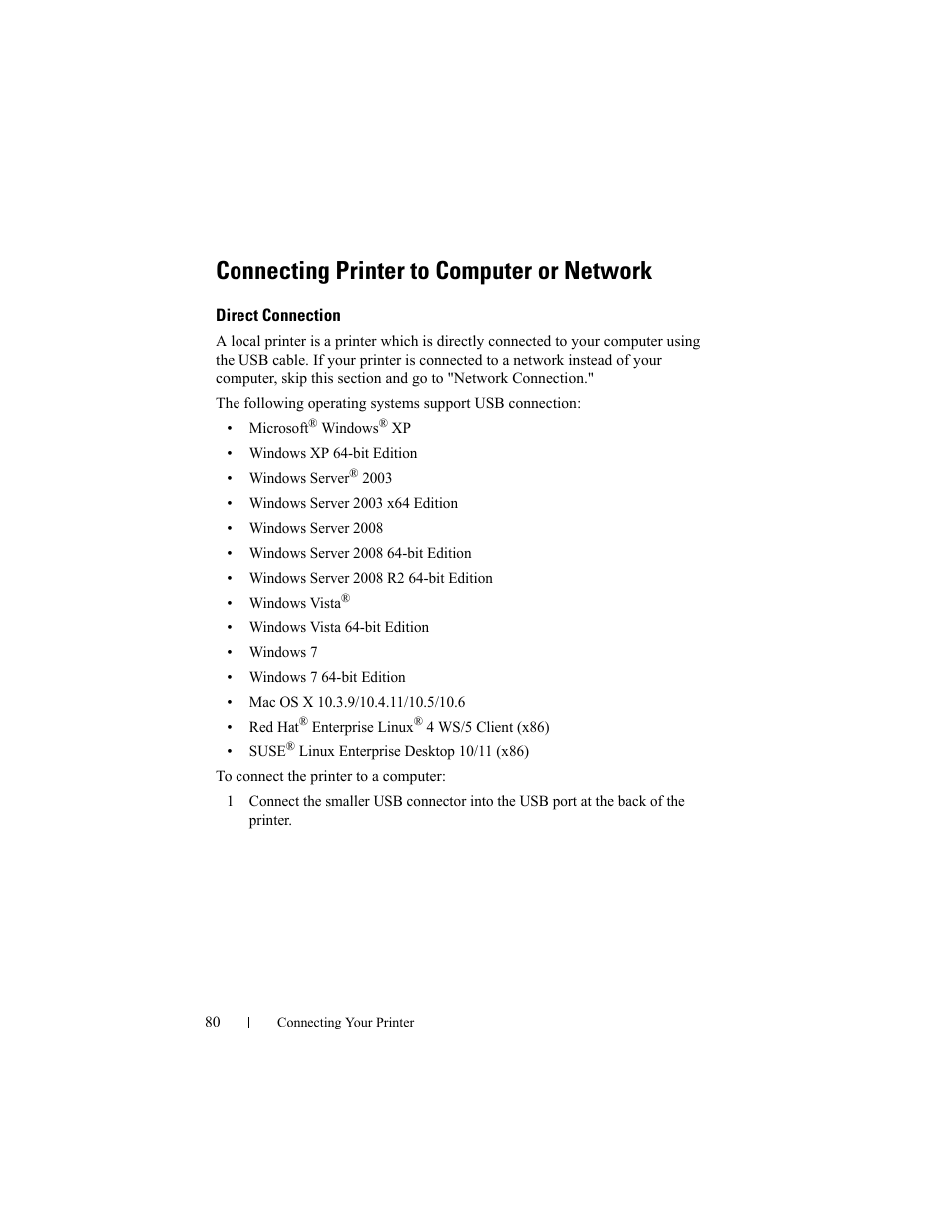 Connecting printer to computer or network, Direct connection | Dell 2150cn/cdn Color Laser Printer User Manual | Page 82 / 495