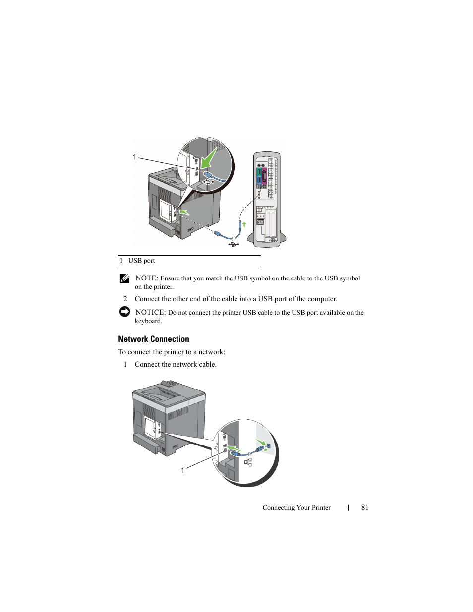 Network connection | Dell 2150cn/cdn Color Laser Printer User Manual | Page 83 / 495