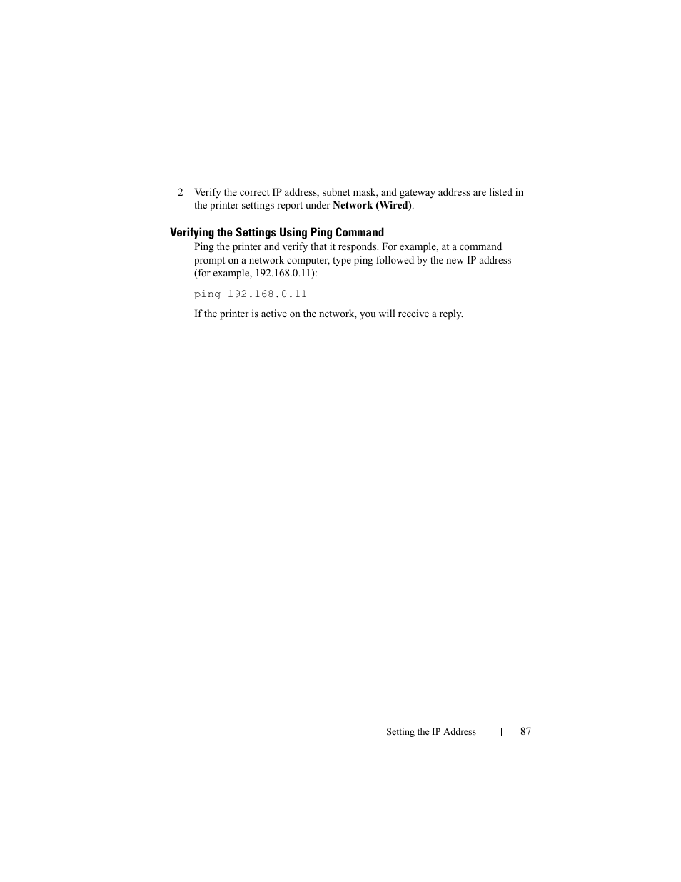 Verifying the settings using ping command | Dell 2150cn/cdn Color Laser Printer User Manual | Page 89 / 495