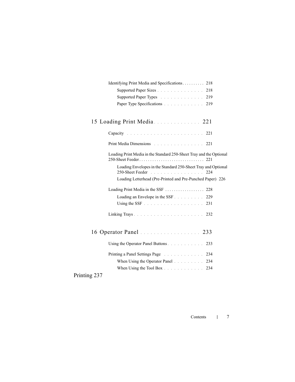 15 loading print media, 16 operator panel, Printing 237 | Dell 2150cn/cdn Color Laser Printer User Manual | Page 9 / 495