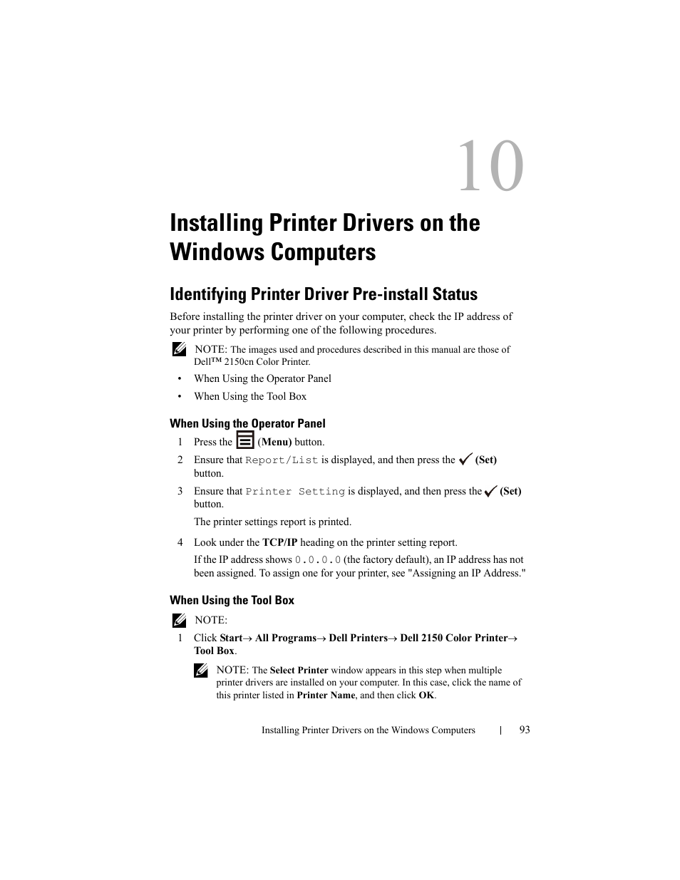 Identifying printer driver pre-install status, When using the operator panel, When using the tool box | Installing printer drivers on the windows, Computers | Dell 2150cn/cdn Color Laser Printer User Manual | Page 95 / 495