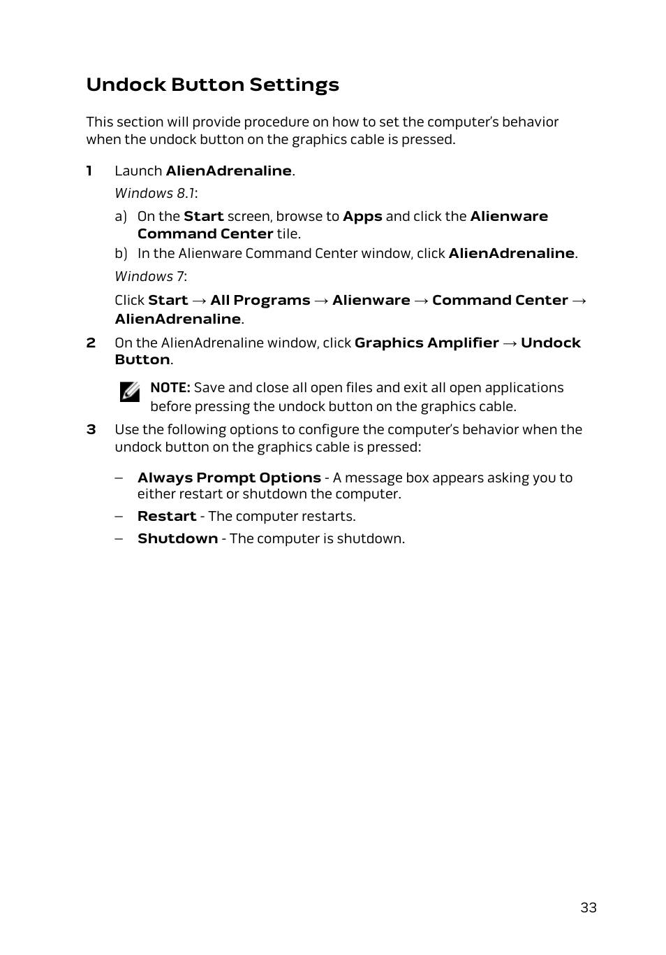 Undock button settings, Shut down. for more information, see | Dell Alienware 15 (Early 2015) User Manual | Page 33 / 36
