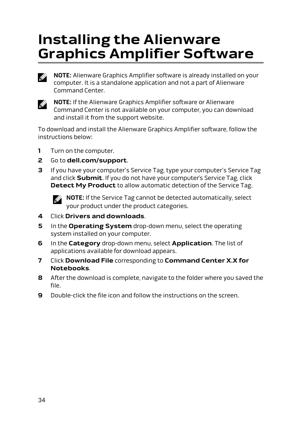 Installing the alienware graphics amplifier, Software | Dell Alienware 15 (Early 2015) User Manual | Page 34 / 36