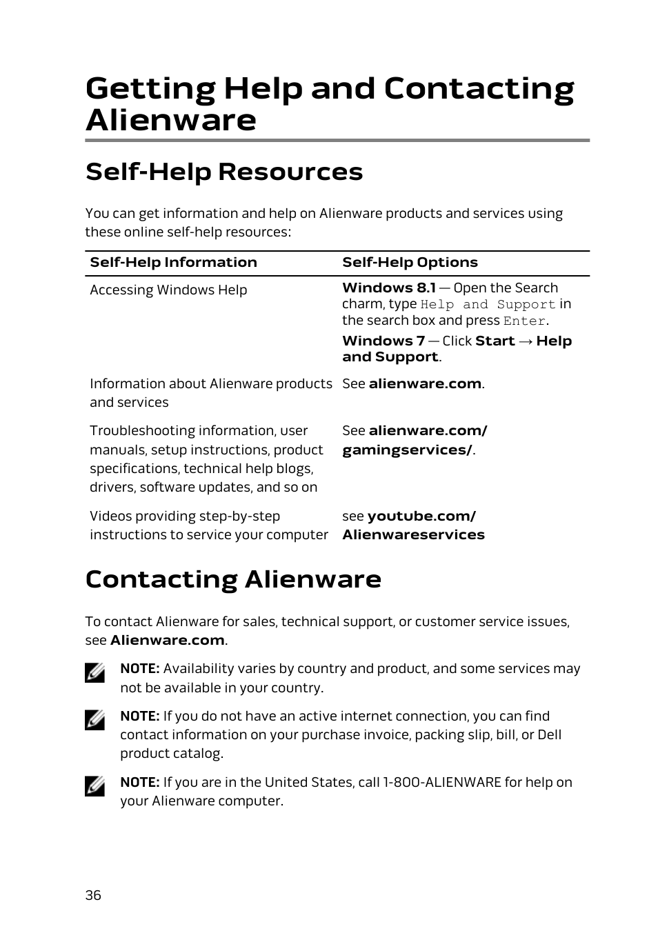 Getting help and contacting alienware, Self-help resources, Contacting alienware | Dell Alienware 15 (Early 2015) User Manual | Page 36 / 36