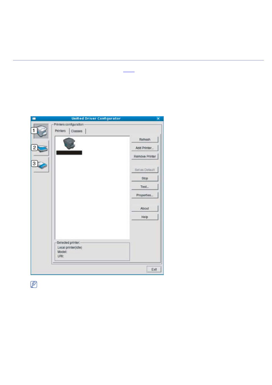 Using the linux unified driver configurator, Opening the unified driver configurator, Printers configuration | Dell 1133 Laser Mono Printer User Manual | Page 84 / 88