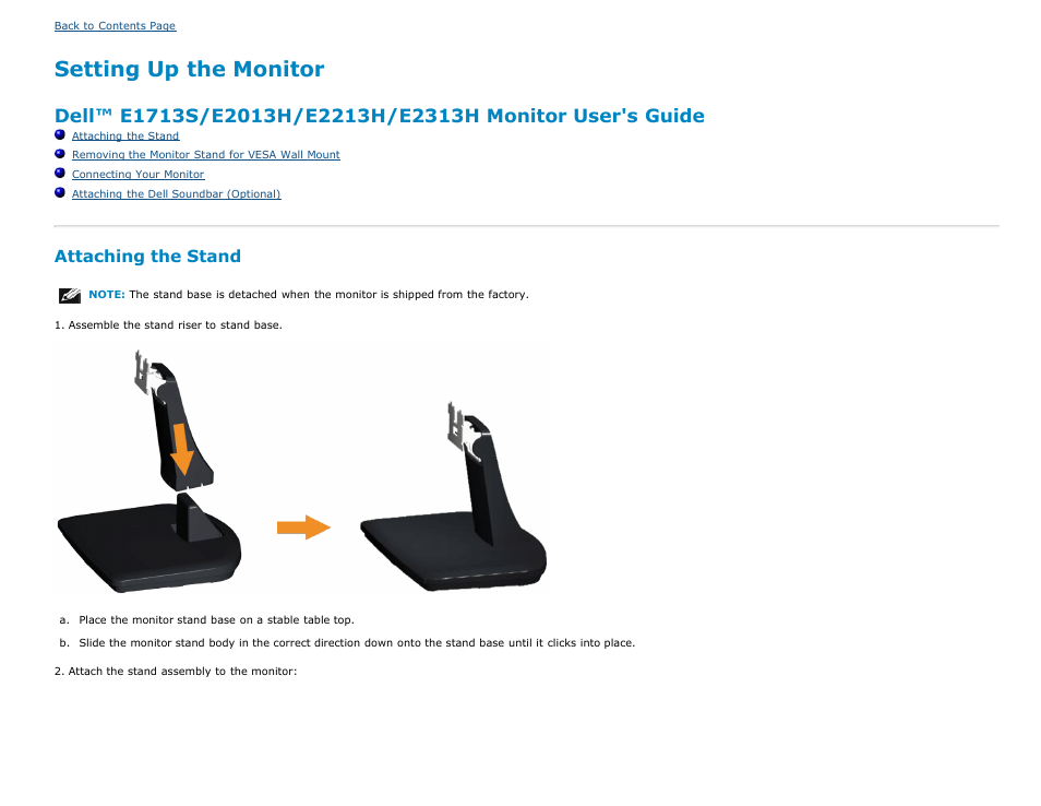 Setup, Setting up the monitor, Attaching the stand | Dell E1713S Monitor User Manual | Page 13 / 51