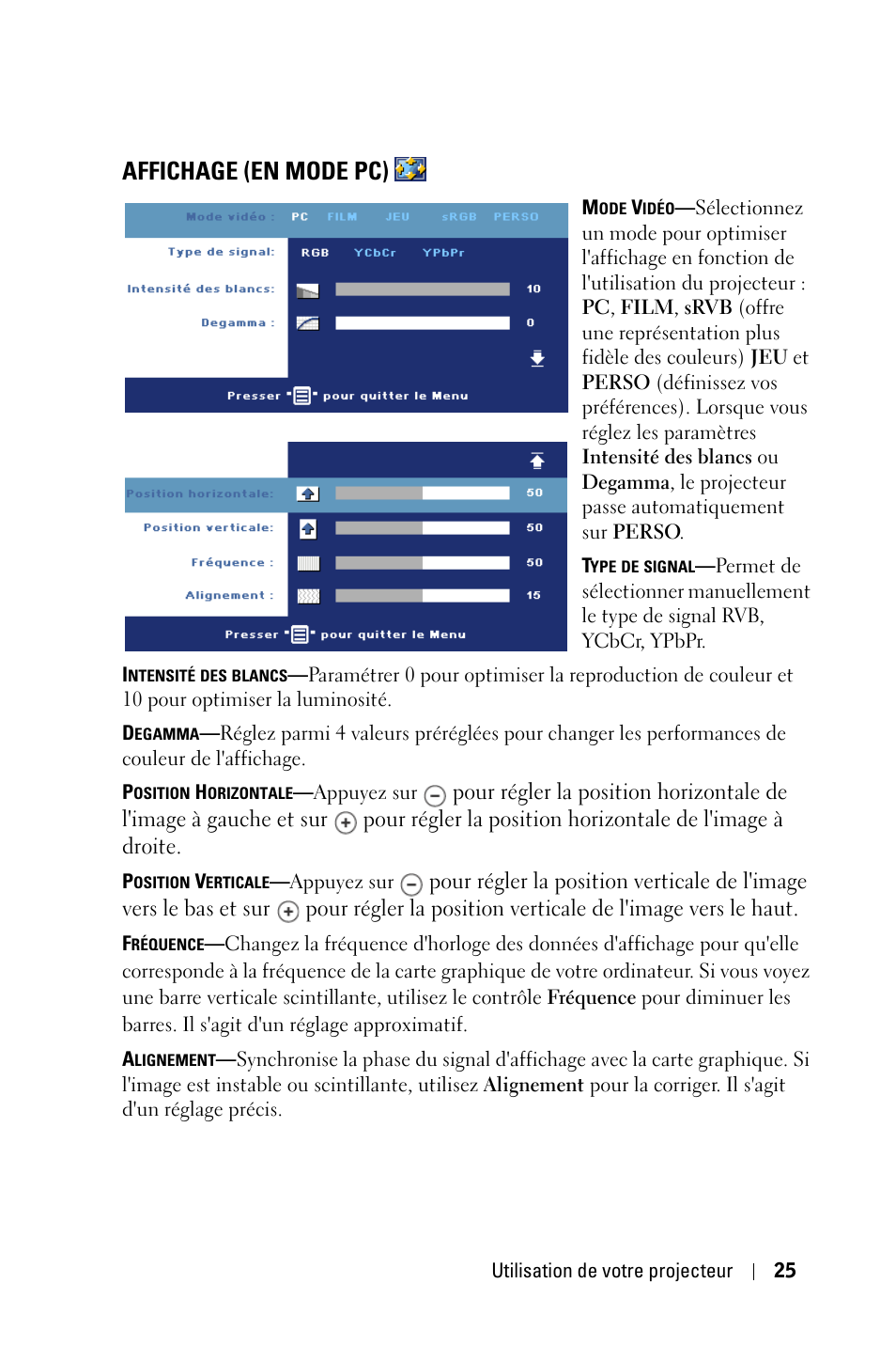 Affichage (en mode pc) | Dell 1800MP Projector User Manual | Page 103 / 312