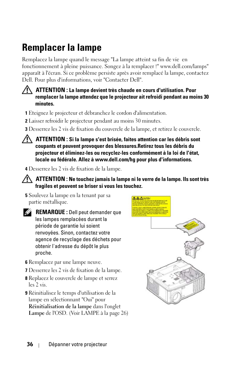 Remplacer la lampe | Dell 1800MP Projector User Manual | Page 114 / 312