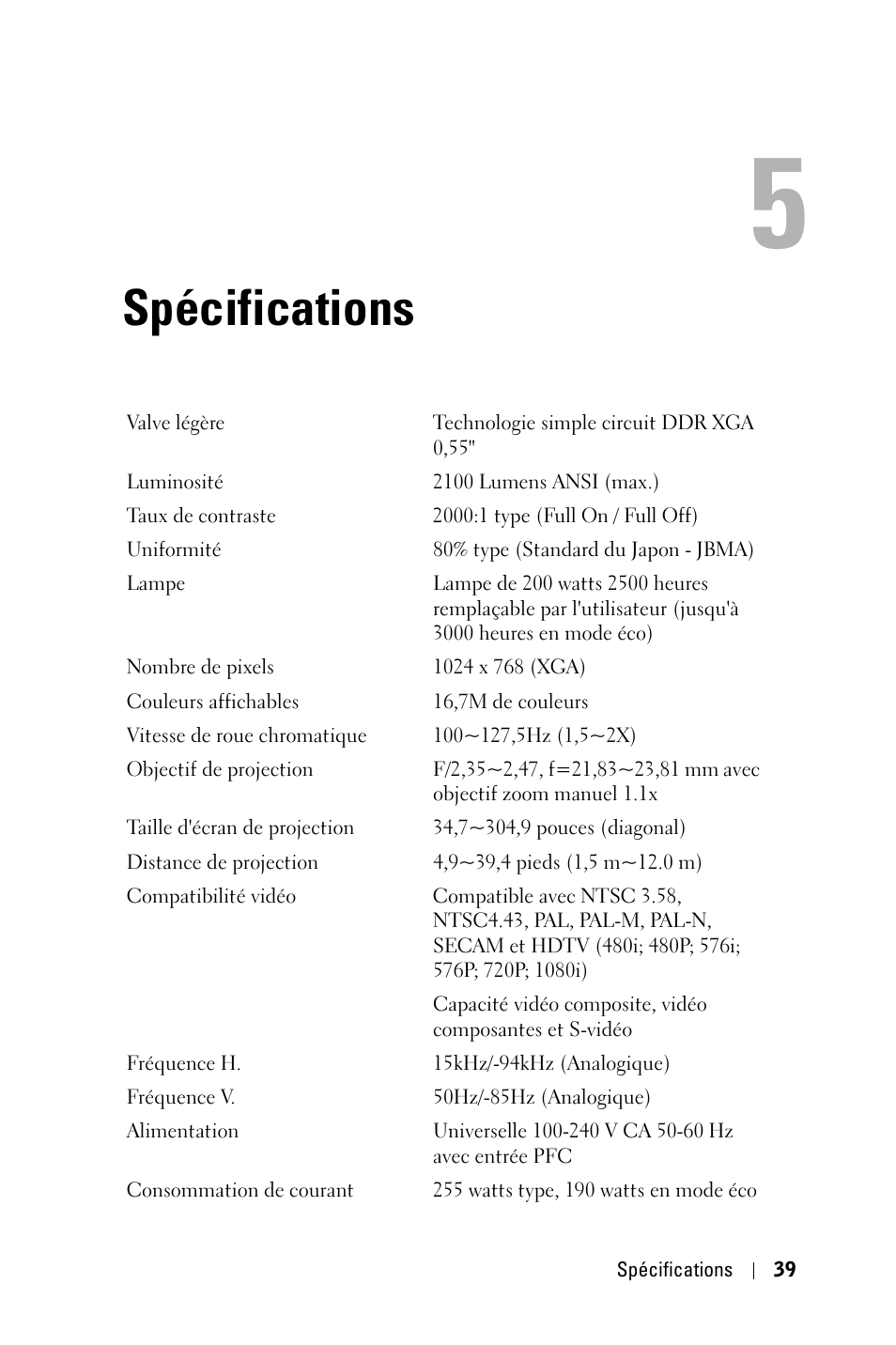 Spécifications | Dell 1800MP Projector User Manual | Page 117 / 312