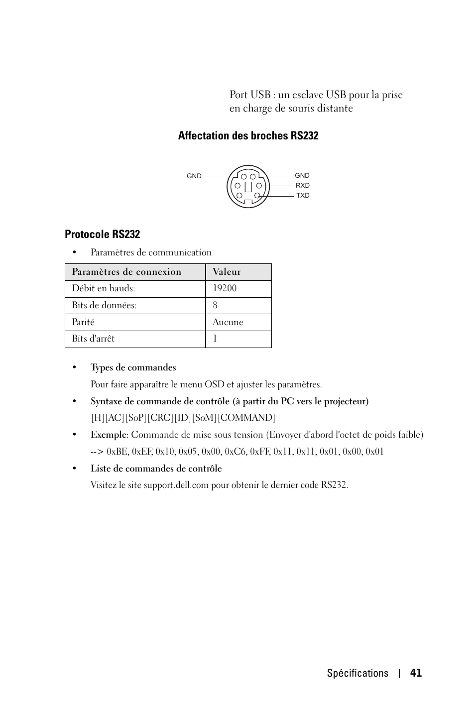 Affectation des broches rs232, Protocole rs232 | Dell 1800MP Projector User Manual | Page 119 / 312