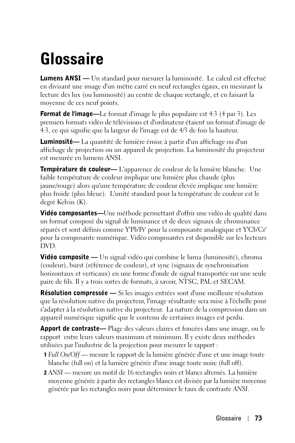 Glossaire | Dell 1800MP Projector User Manual | Page 151 / 312