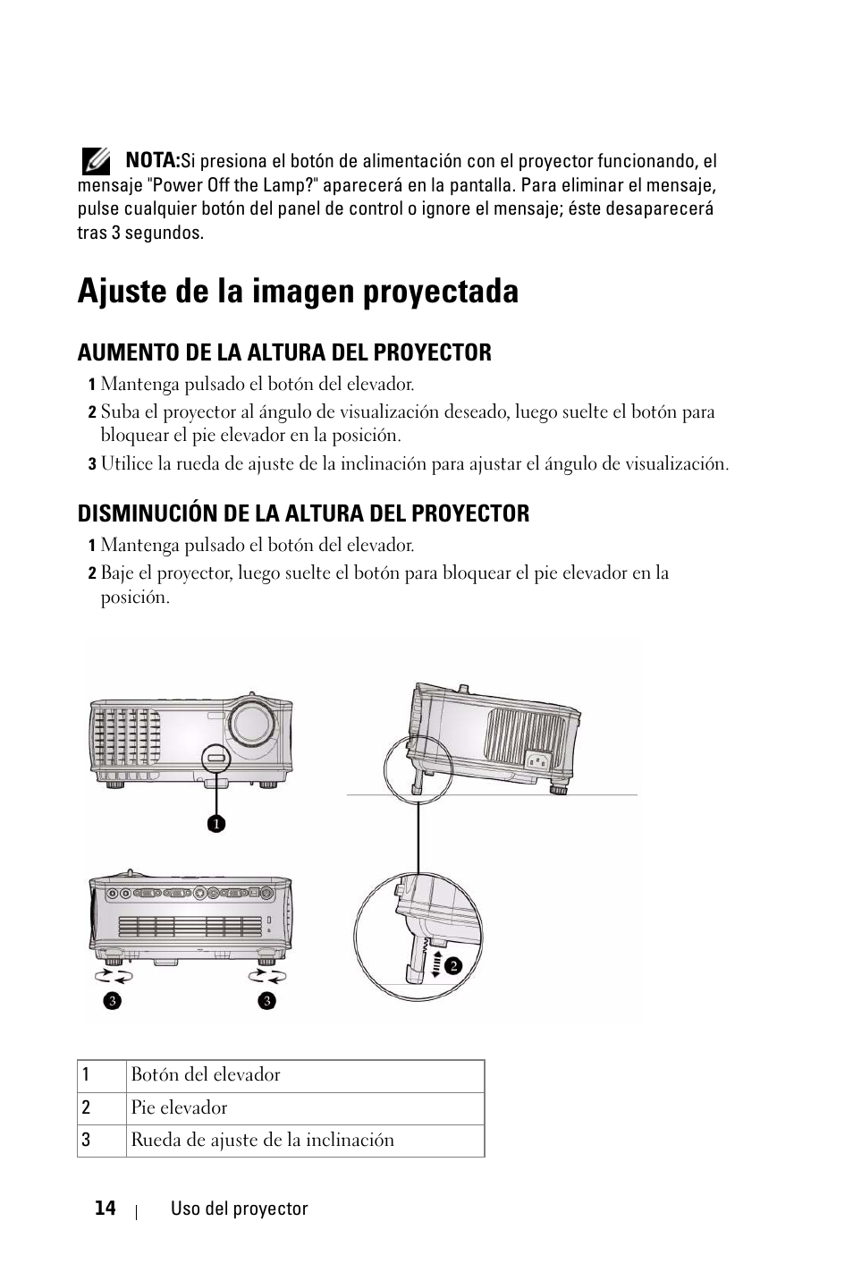 Ajuste de la imagen proyectada, Aumento de la altura del proyector, Disminución de la altura del proyector | Dell 1800MP Projector User Manual | Page 170 / 312