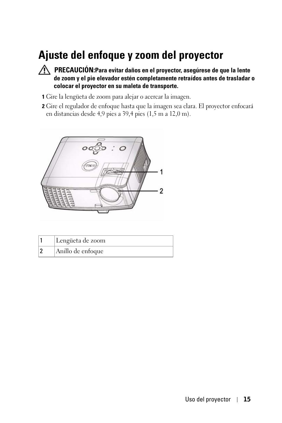 Ajuste del enfoque y zoom del proyector | Dell 1800MP Projector User Manual | Page 171 / 312
