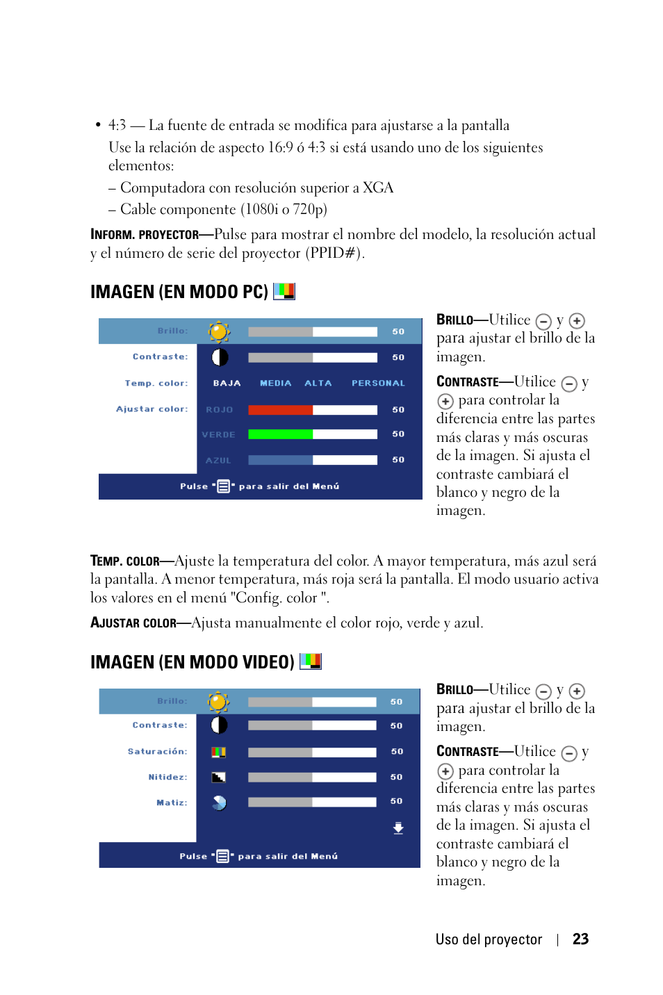 Imagen (en modo pc), Imagen (en modo video) | Dell 1800MP Projector User Manual | Page 179 / 312