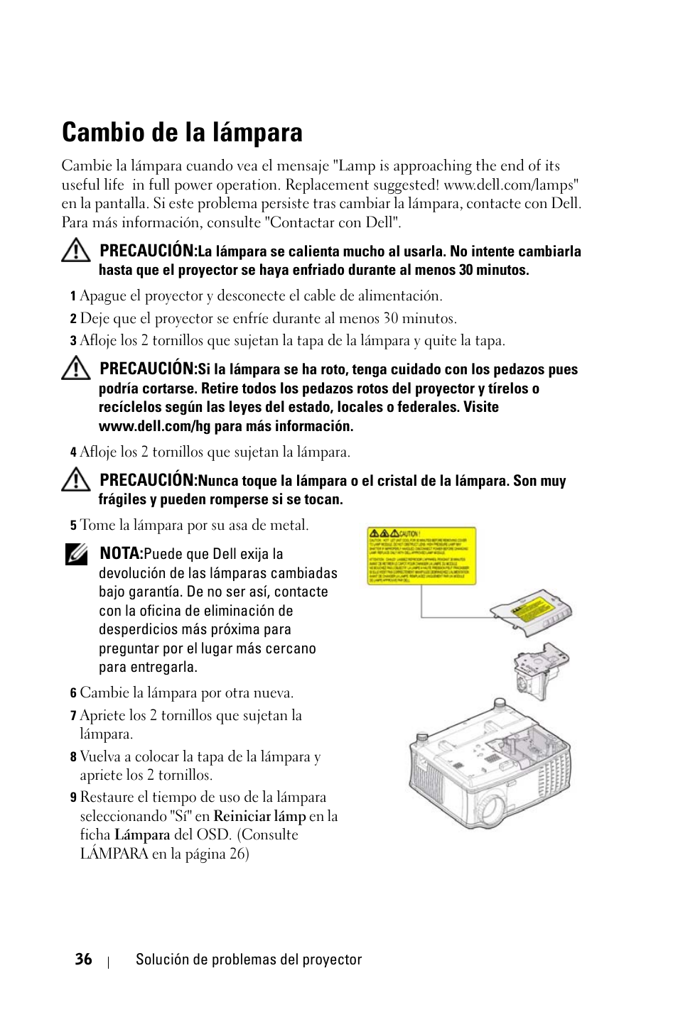 Cambio de la lámpara, E cambio de la lámpara | Dell 1800MP Projector User Manual | Page 192 / 312