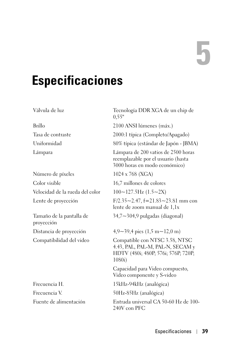 Especificaciones | Dell 1800MP Projector User Manual | Page 195 / 312