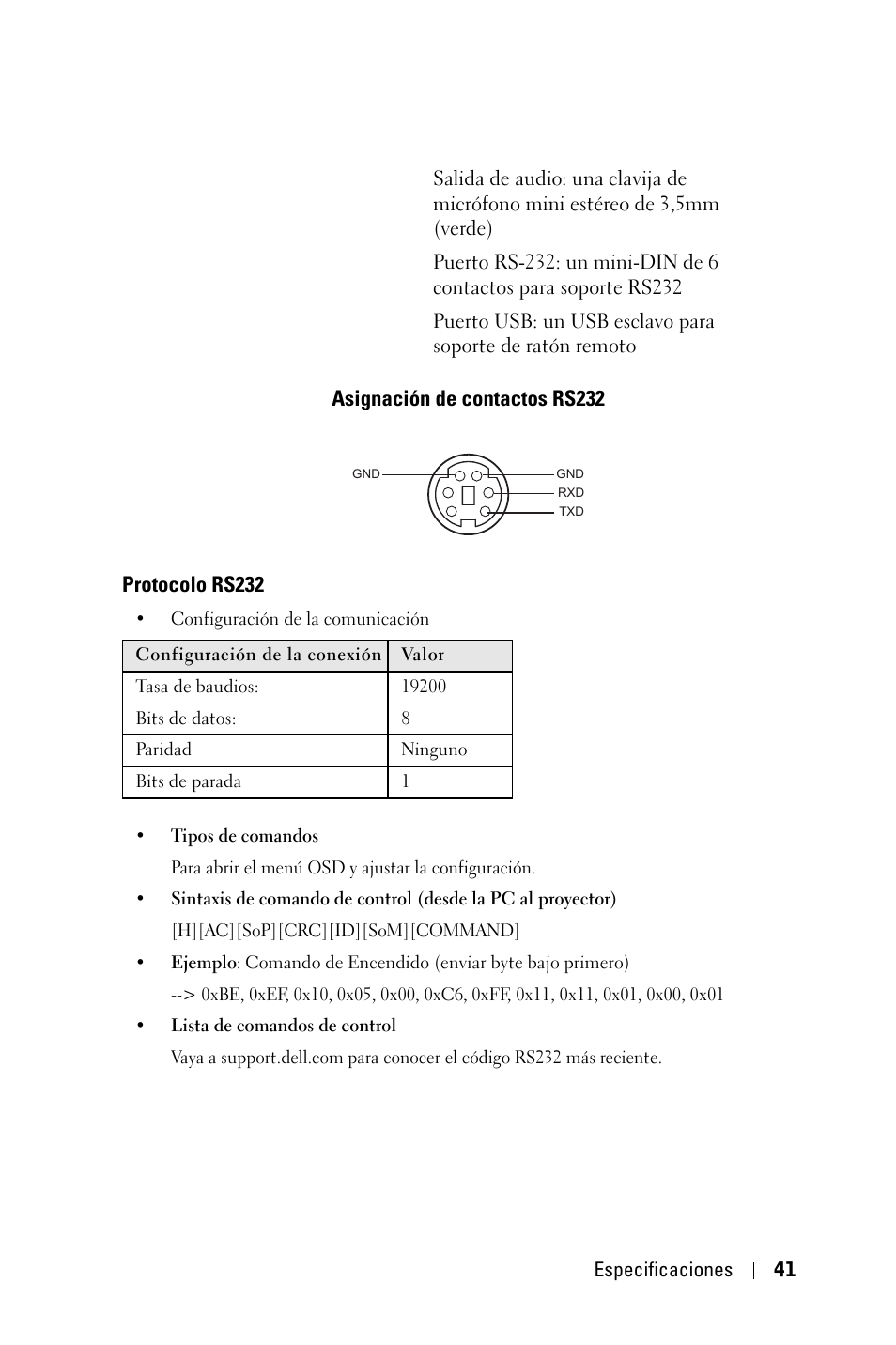 Asignación de contactos rs232, Protocolo rs232 | Dell 1800MP Projector User Manual | Page 197 / 312