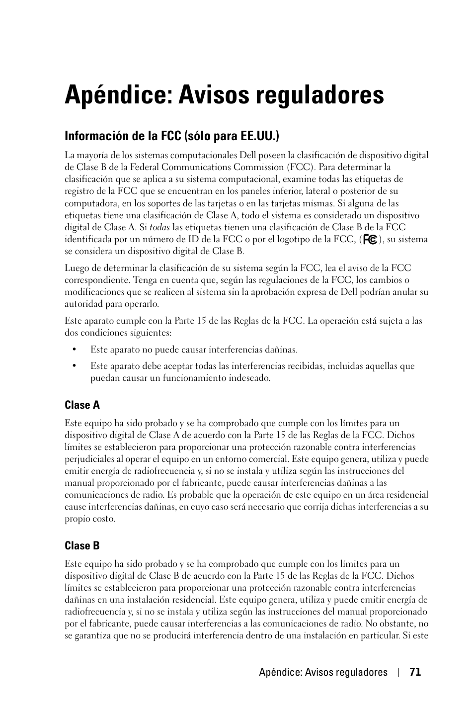 Apéndice: avisos reguladores, Información de la fcc (sólo para ee.uu.) | Dell 1800MP Projector User Manual | Page 227 / 312