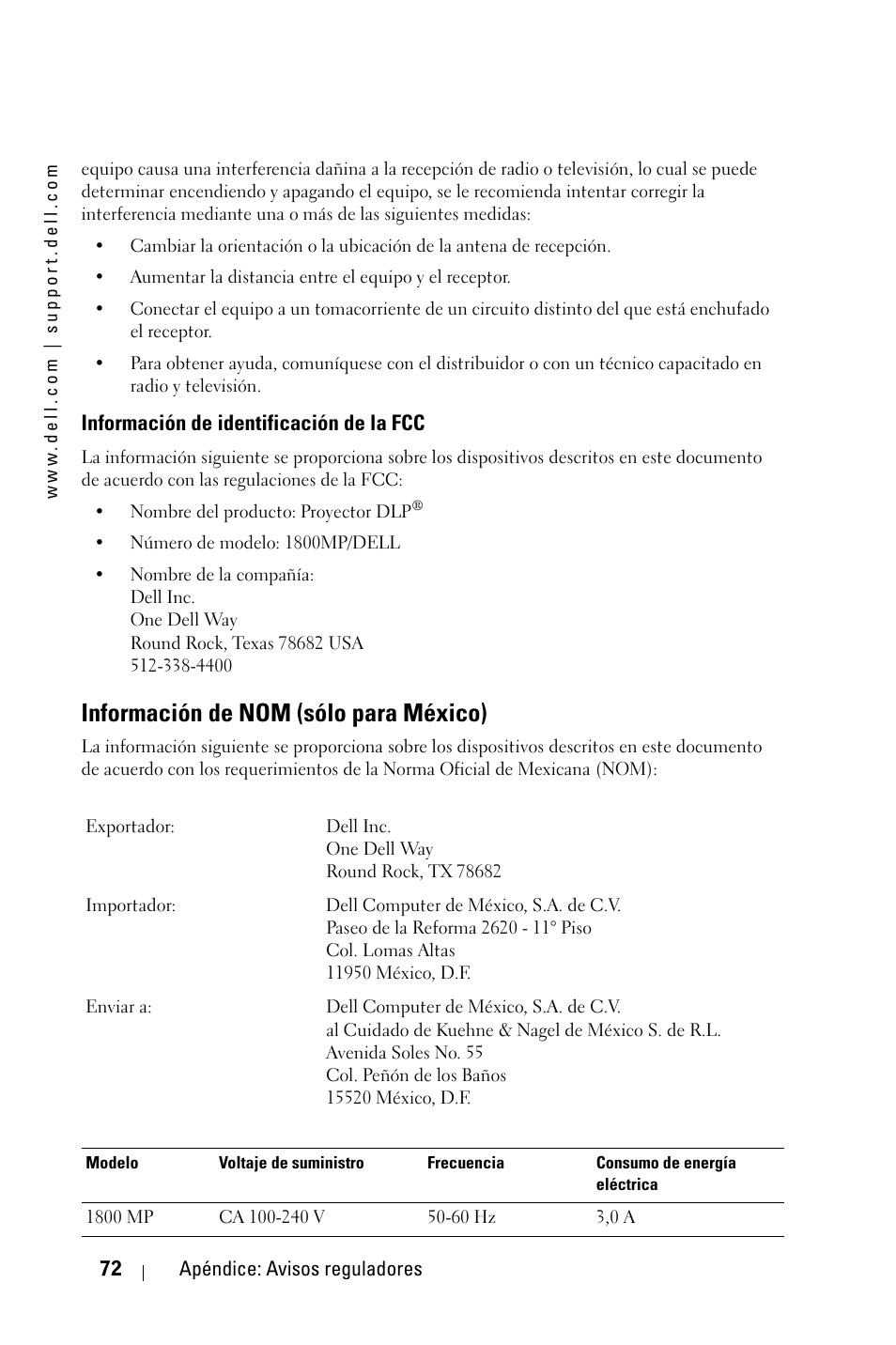 Información de nom (sólo para méxico) | Dell 1800MP Projector User Manual | Page 228 / 312