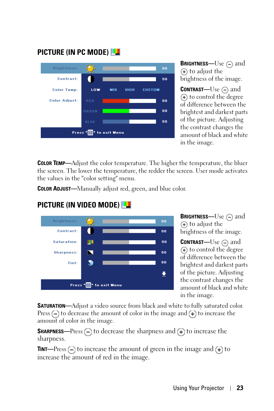 Picture (in pc mode), Picture (in video mode) | Dell 1800MP Projector User Manual | Page 23 / 312