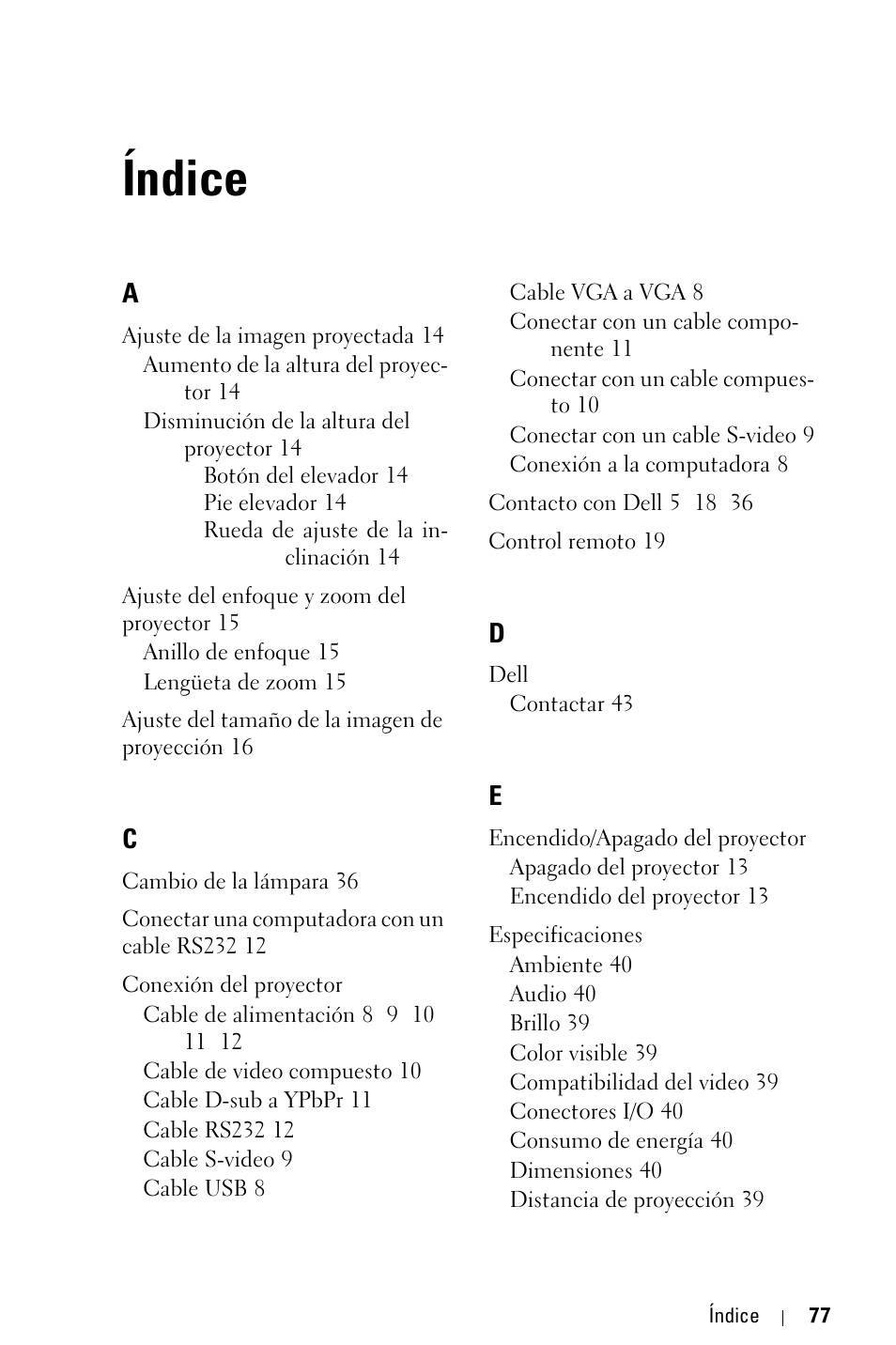 Índice | Dell 1800MP Projector User Manual | Page 233 / 312