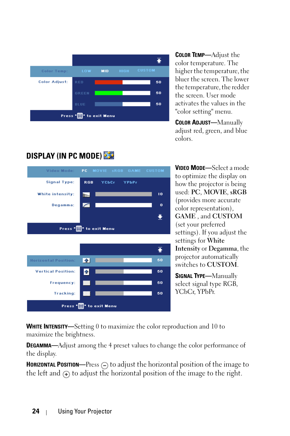 Display (in pc mode) | Dell 1800MP Projector User Manual | Page 24 / 312