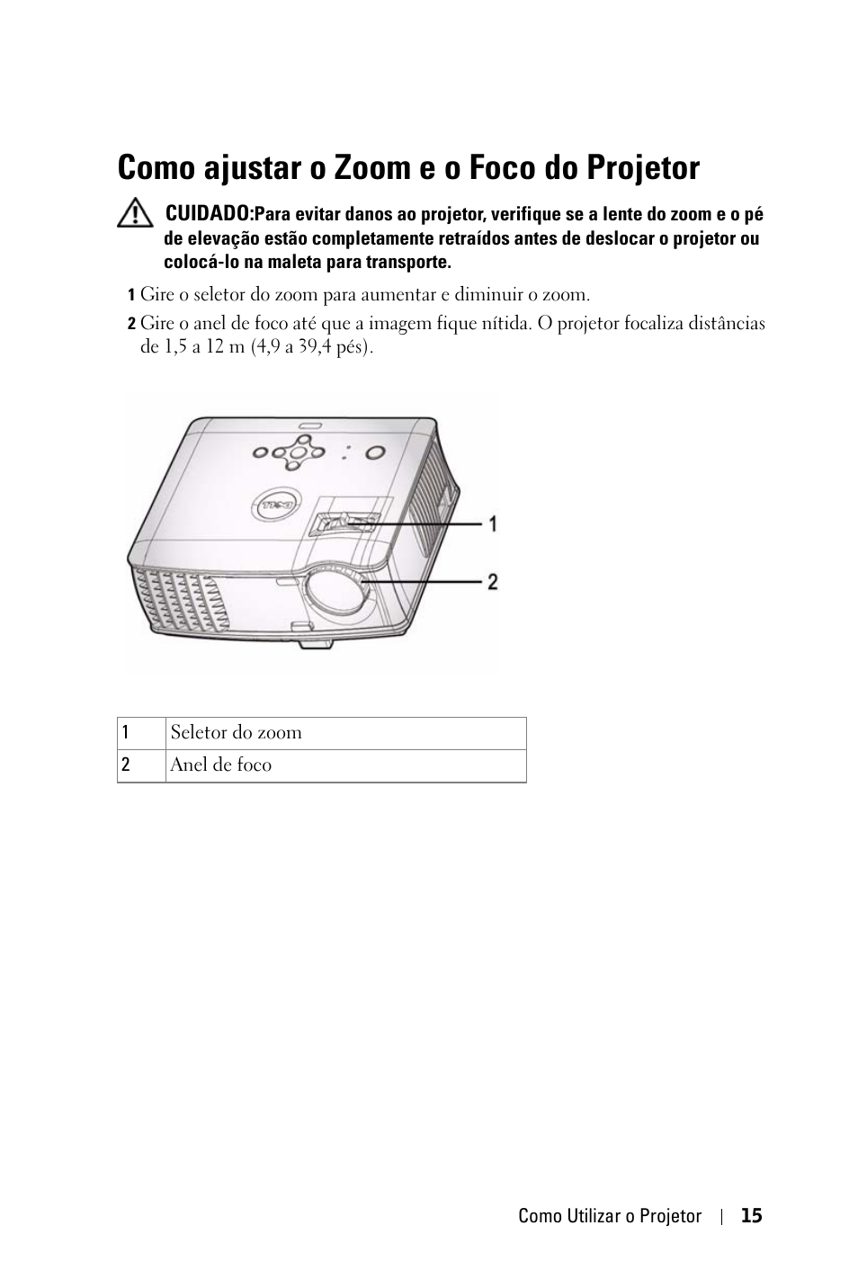 Como ajustar o zoom e o foco do projetor | Dell 1800MP Projector User Manual | Page 249 / 312