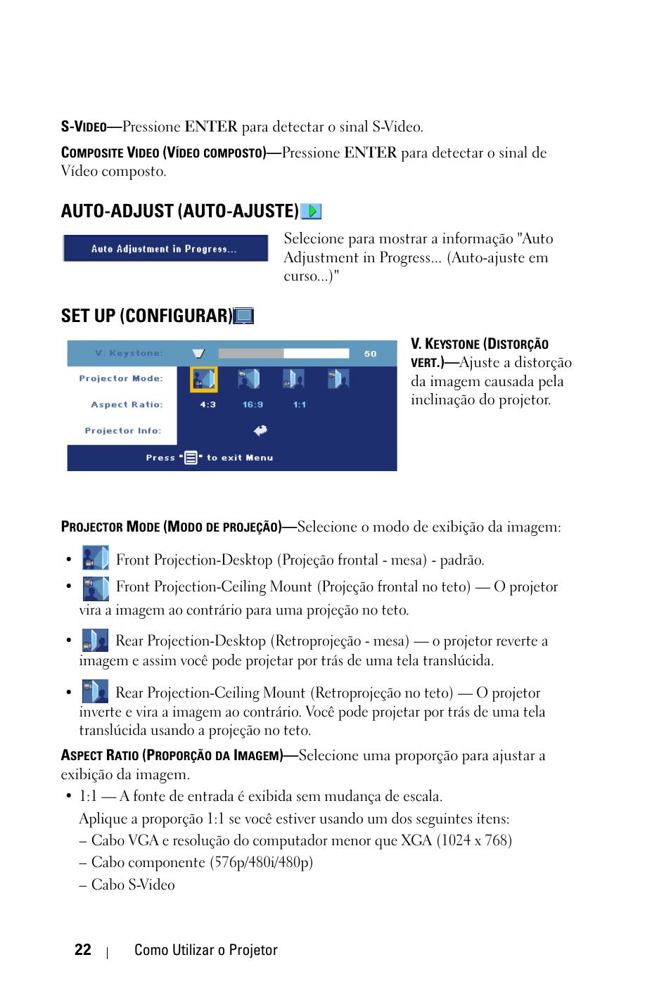 Auto-adjust (auto-ajuste), Set up (configurar) | Dell 1800MP Projector User Manual | Page 256 / 312