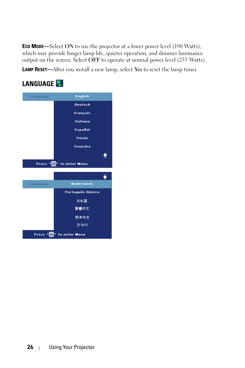 Language | Dell 1800MP Projector User Manual | Page 26 / 312