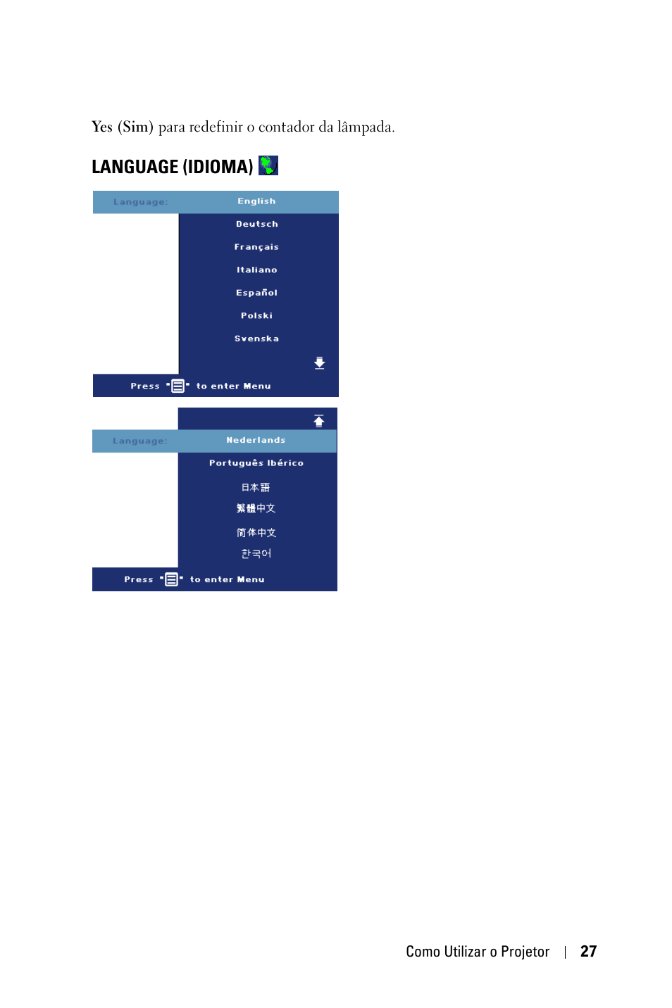 Language (idioma) | Dell 1800MP Projector User Manual | Page 261 / 312