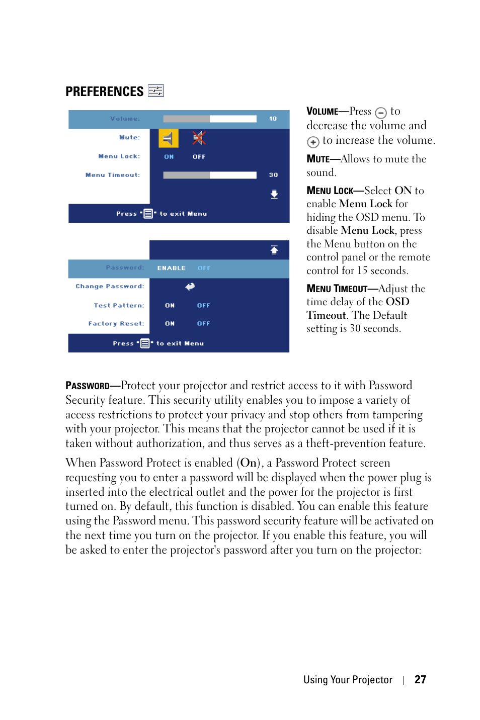 Preferences | Dell 1800MP Projector User Manual | Page 27 / 312