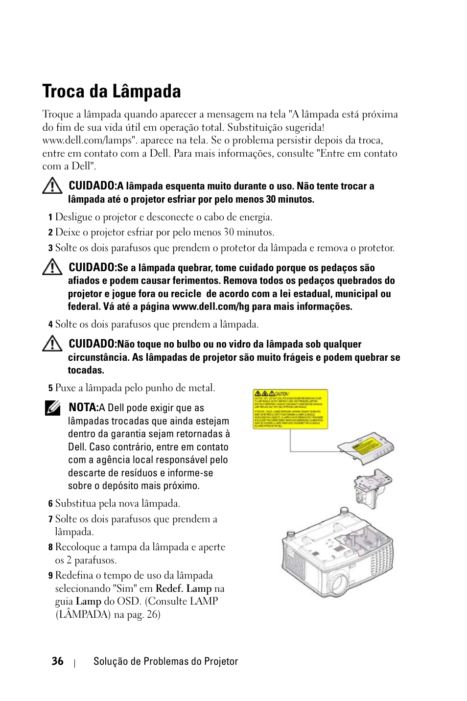 Troca da lâmpada, E troca da lâmpada na, Pag. 36 | Troca da, Lâmpada na pag. 36 | Dell 1800MP Projector User Manual | Page 270 / 312