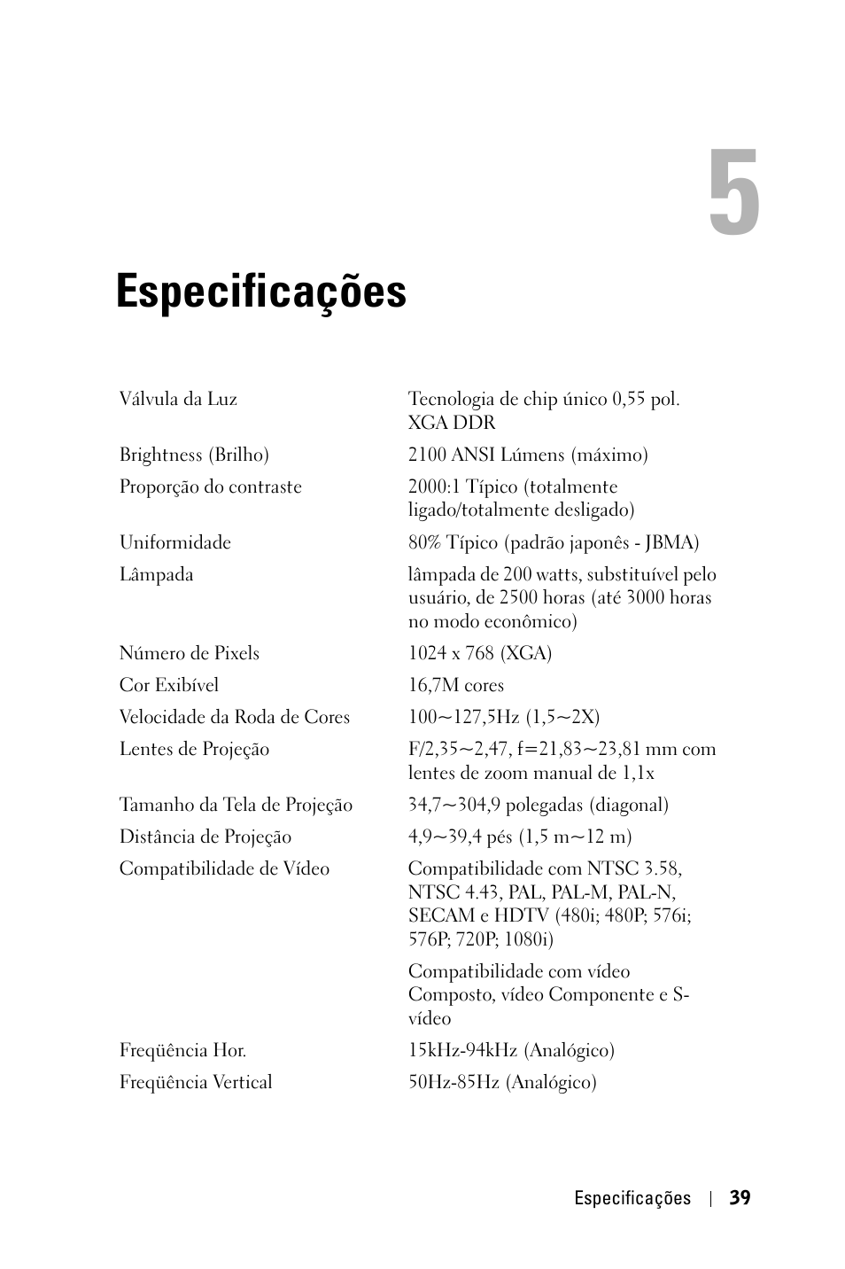 Especificações | Dell 1800MP Projector User Manual | Page 273 / 312