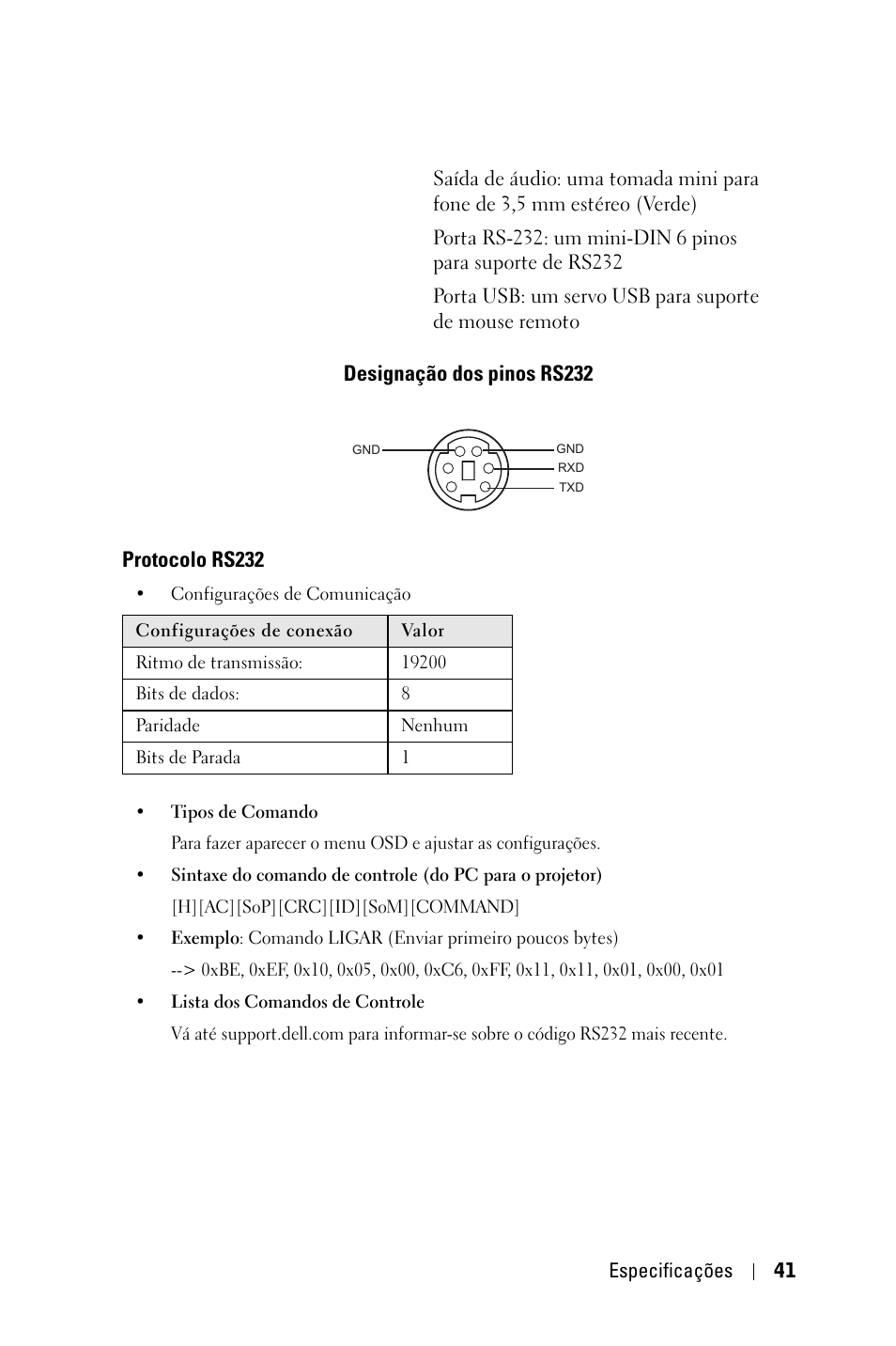 Designação dos pinos rs232, Protocolo rs232 | Dell 1800MP Projector User Manual | Page 275 / 312
