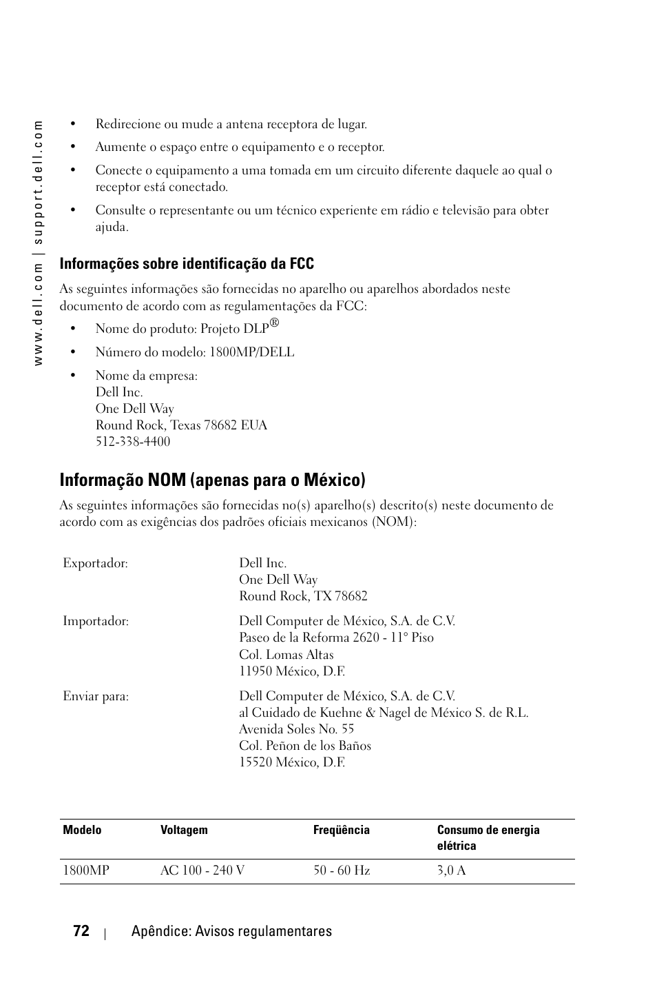 Informação nom (apenas para o méxico) | Dell 1800MP Projector User Manual | Page 306 / 312