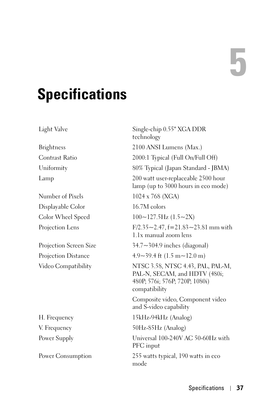 Specifications | Dell 1800MP Projector User Manual | Page 37 / 312