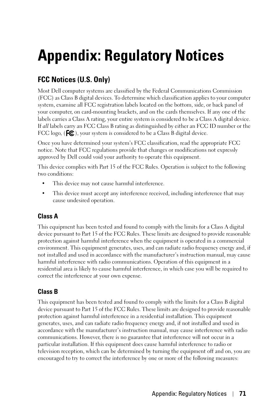 Appendix: regulatory notices, Fcc notices (u.s. only), Class a | Class b | Dell 1800MP Projector User Manual | Page 71 / 312