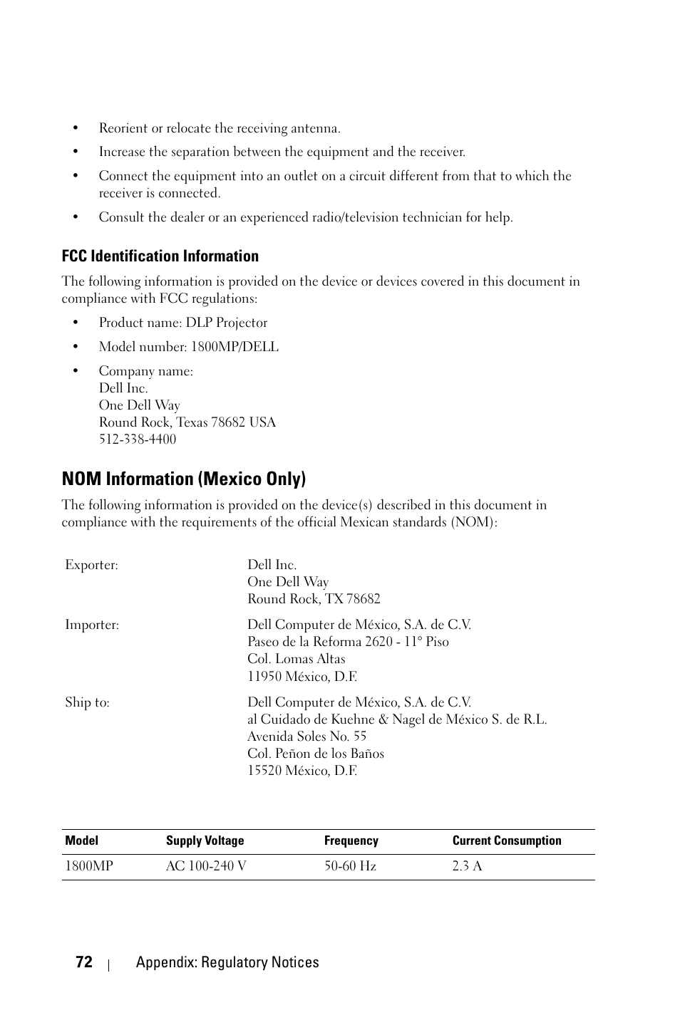 Fcc identification information, Nom information (mexico only) | Dell 1800MP Projector User Manual | Page 72 / 312