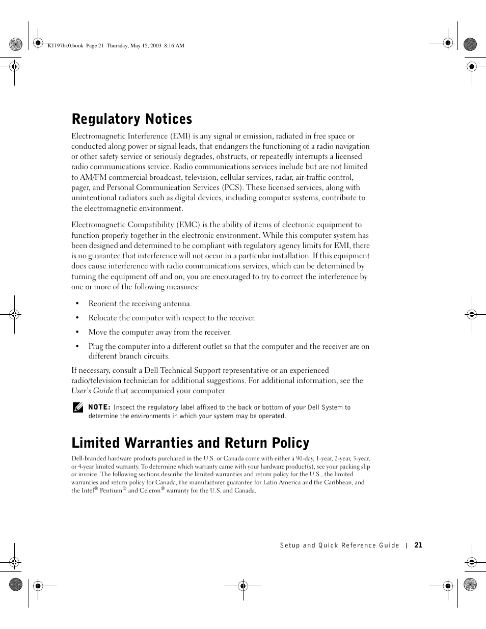 Regulatory notices, Limited warranties and return policy | Dell OptiPlex 160L User Manual | Page 23 / 38