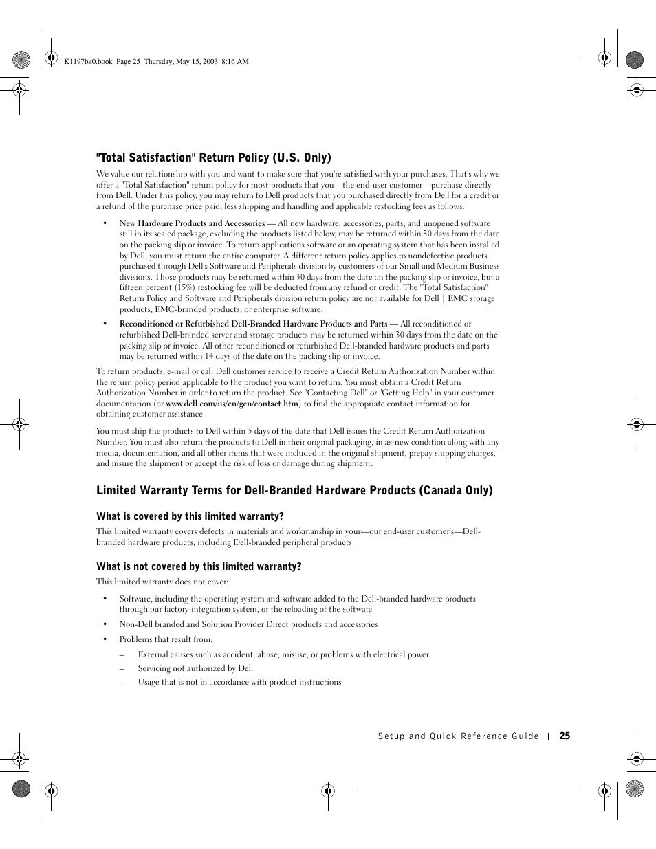 Total satisfaction" return policy (u.s. only) | Dell OptiPlex 160L User Manual | Page 27 / 38