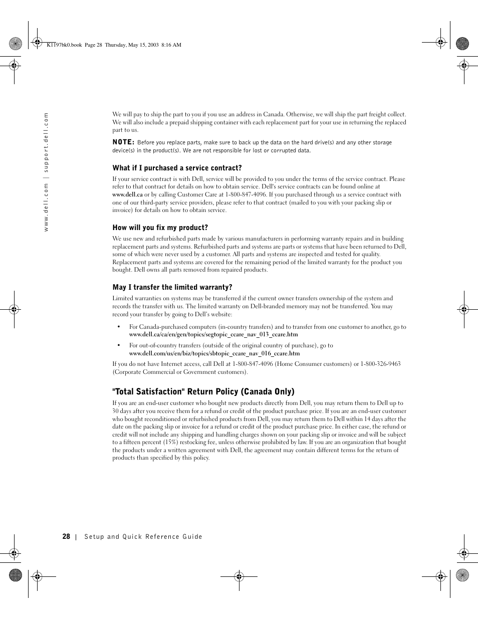 Total satisfaction" return policy (canada only) | Dell OptiPlex 160L User Manual | Page 30 / 38