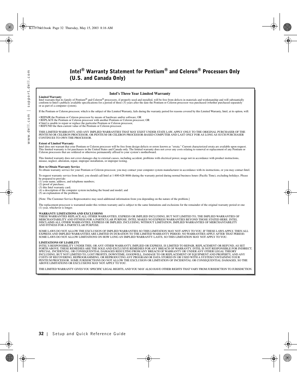 Intel, Warranty statement for pentium, And celeron | Processors only (u.s. and canada only) | Dell OptiPlex 160L User Manual | Page 34 / 38