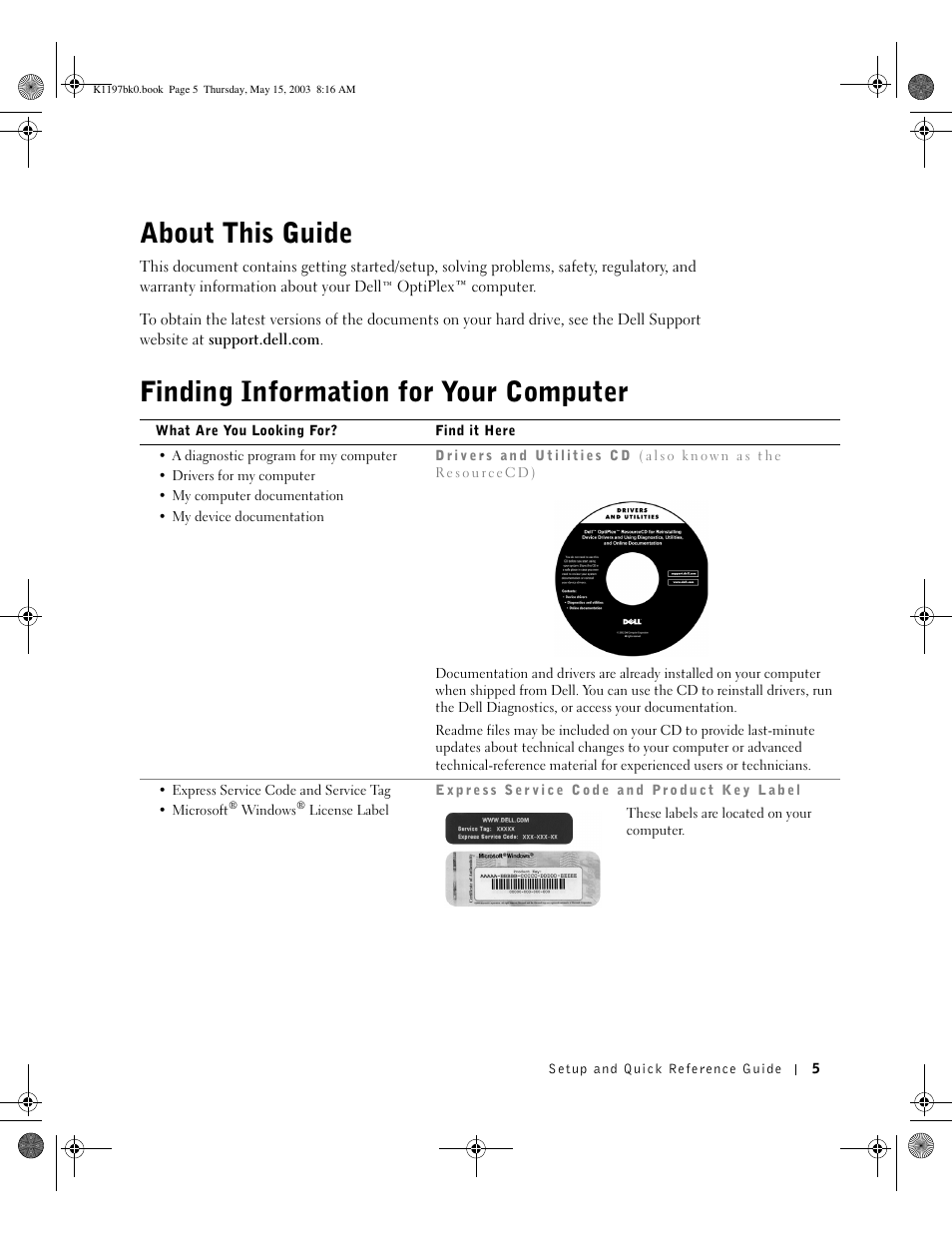About this guide, Finding information for your computer | Dell OptiPlex 160L User Manual | Page 7 / 38