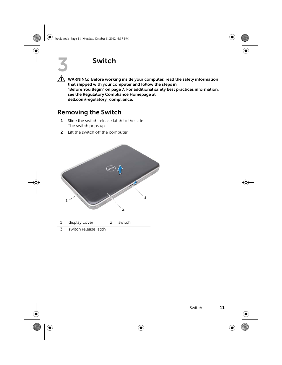 Switch, Removing the switch | Dell Inspiron 17R (5720, Mid 2012) User Manual | Page 11 / 102