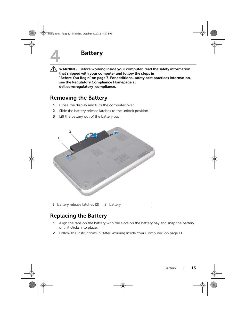 Battery, Removing the battery, Replacing the battery | Dell Inspiron 17R (5720, Mid 2012) User Manual | Page 13 / 102