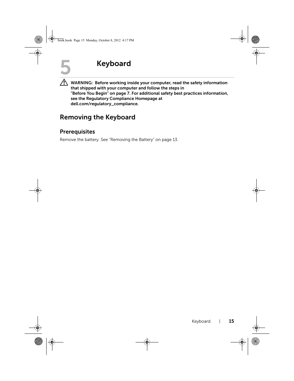 Keyboard, Removing the keyboard | Dell Inspiron 17R (5720, Mid 2012) User Manual | Page 15 / 102