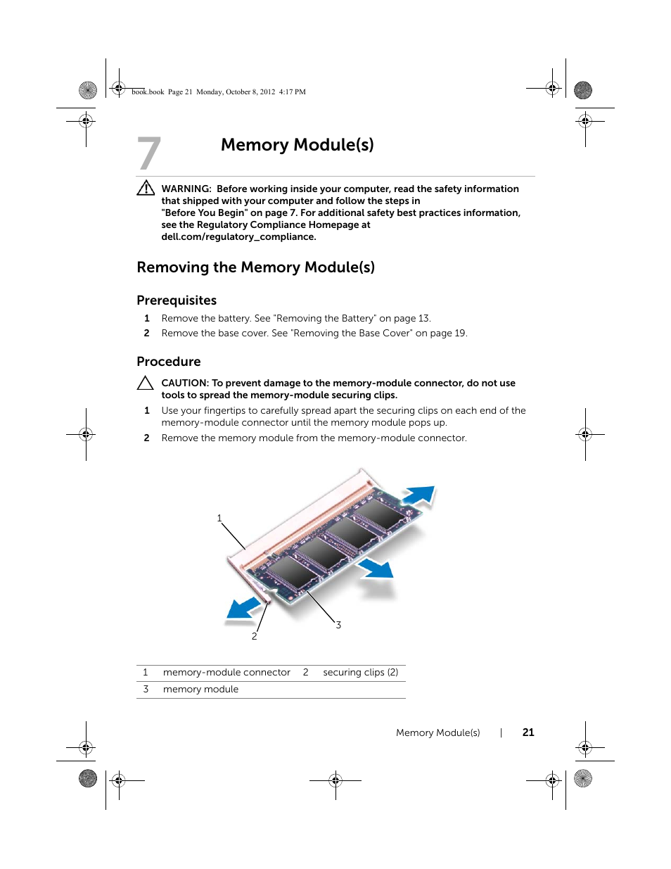 Memory module(s), Removing the memory module(s) | Dell Inspiron 17R (5720, Mid 2012) User Manual | Page 21 / 102