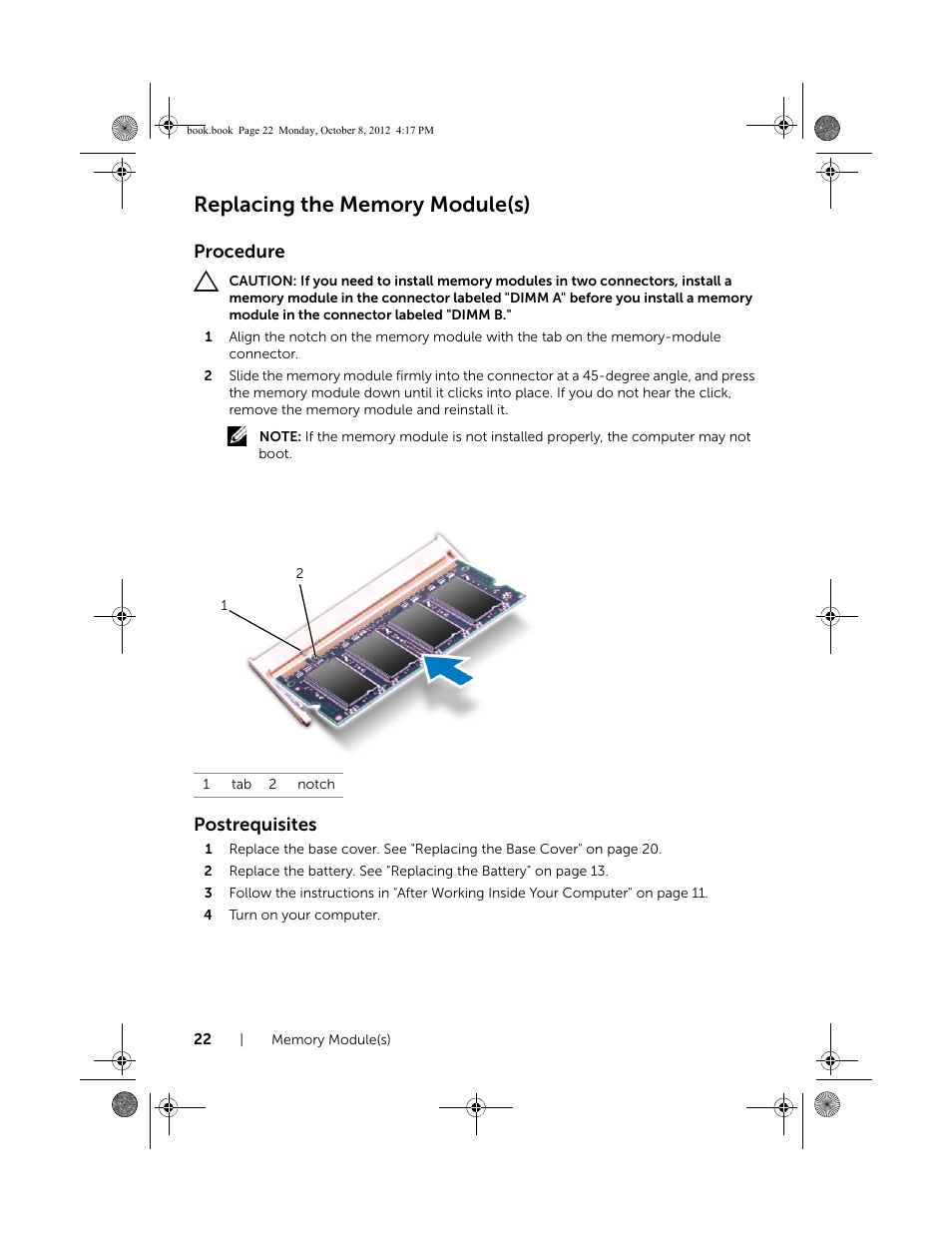 Replacing the memory module(s), Procedure, Postrequisites | Dell Inspiron 17R (5720, Mid 2012) User Manual | Page 22 / 102