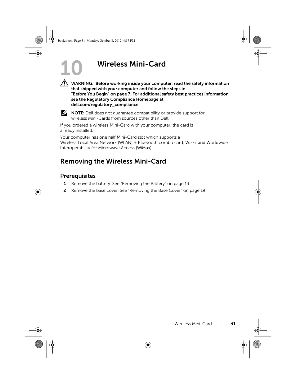 Wireless mini-card, Removing the wireless mini-card | Dell Inspiron 17R (5720, Mid 2012) User Manual | Page 31 / 102